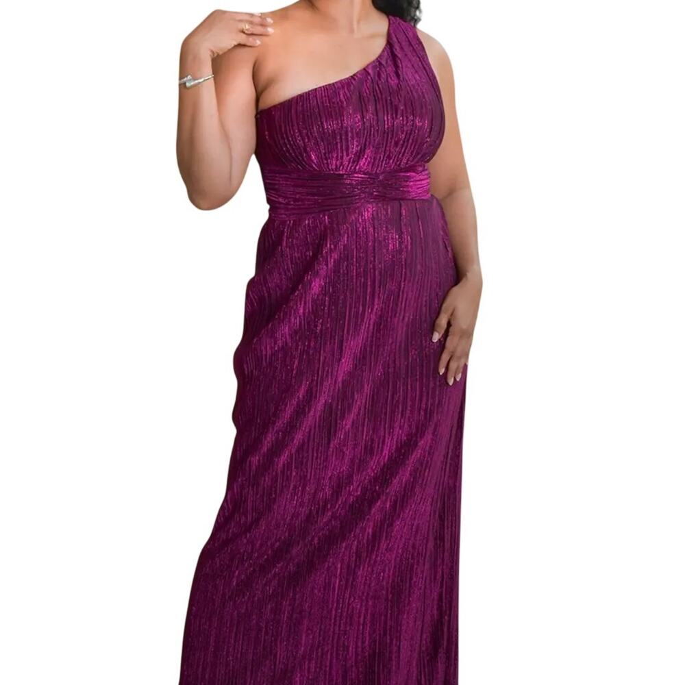 Taylor Dress Womens 8 Purple One Shoulder Pleated Metallic Maxi Gown Formal NWT
